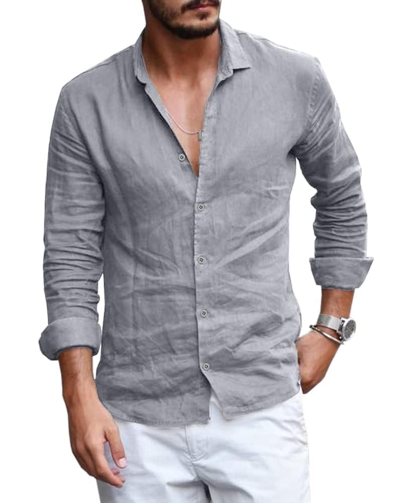 Runcati Mens Button Down Shirt Linen Cotton Shirts Casual Long Sleeve Spread Collar Lightweight Beach Plain Tops - Image 1